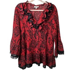 1X Dressbarn Red Black Ruffle Lace Blouse Sheer Floral Romantic Whimsigoth Boho